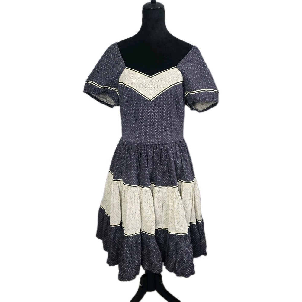 Vintage Prairie‎ Cottagecore Tiered Midi Dress M/L Cream Blue Talon Zip
